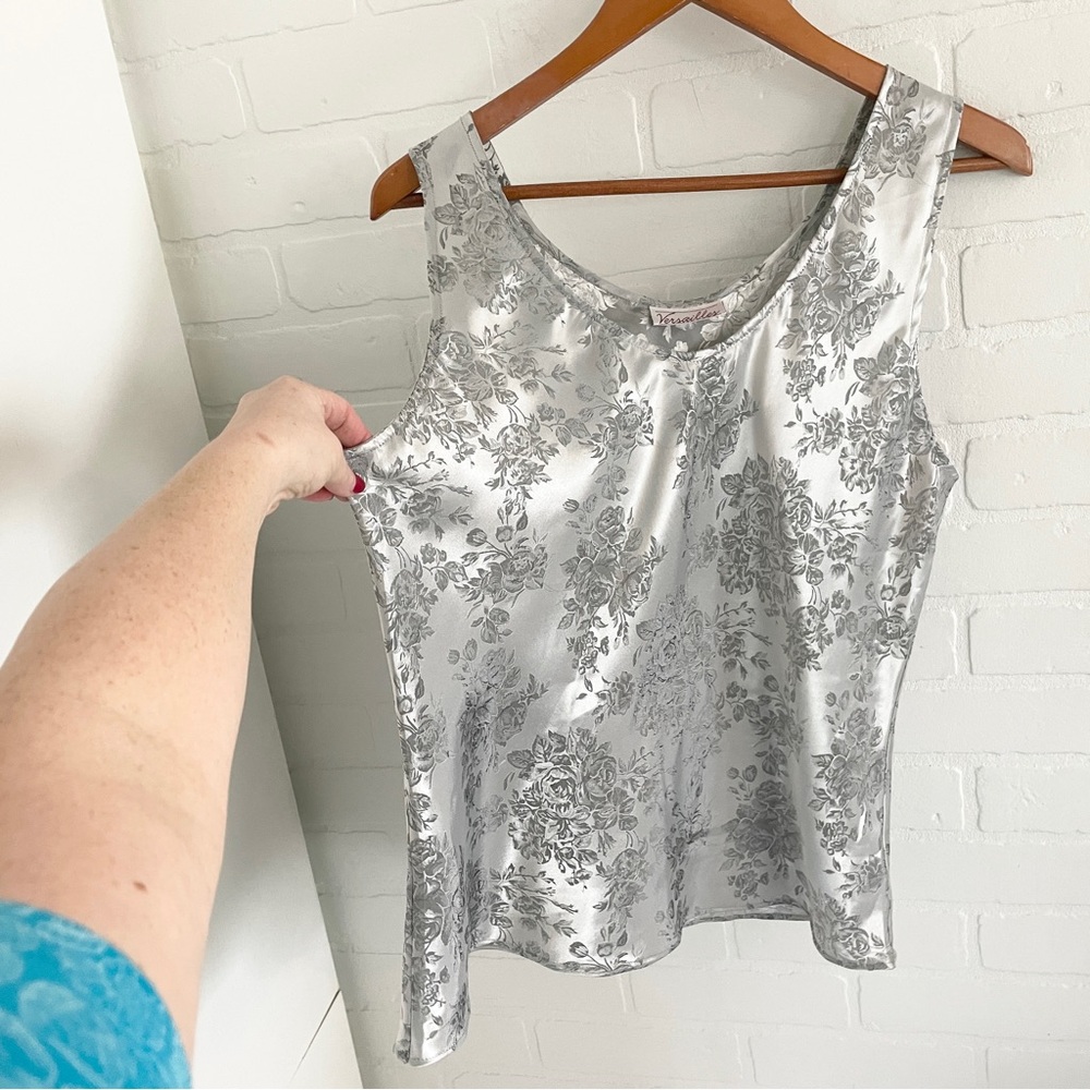 Vintage Silver Satin Baroque Roses Cami Iridescent Floral Tank Top sz XL/XXL - Picture 7 of 14